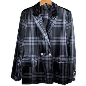 Laundry Shelli Segal, Black and Gray Plaid Velour, Crystal Buttons Blazer Size 8